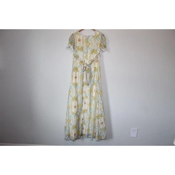 Vintage Floral Prairie Peasant Lace Maxi Dress Bridgeton Ivory Women's 13 H14102 - Picture 6 of 11